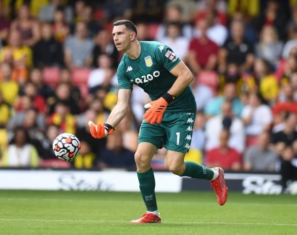Emiliano Martinez of Aston Villa during the Premier League match between Watford and Aston Villa at Vicarage Road on August 14, 2021 in Watford,...
