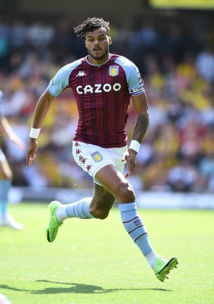 Tyrone Mings of Aston Villa during the Premier League match between Watford and Aston Villa at Vicarage Road on August 14, 2021 in Watford, England.