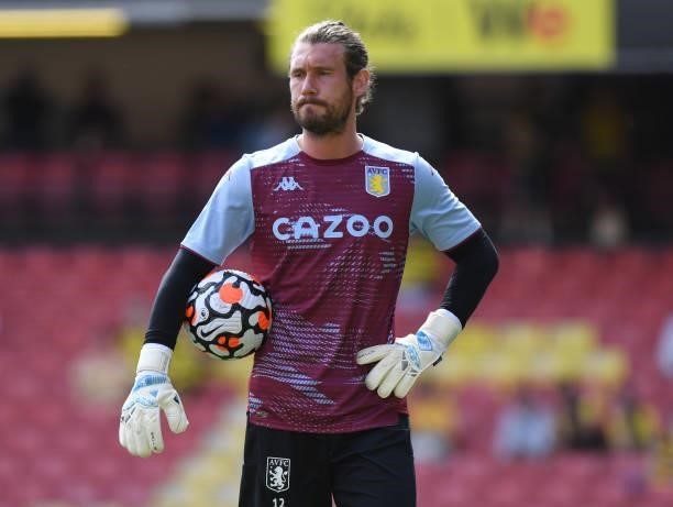 Jed Steer of Aston Villa during the Premier League match between Watford and Aston Villa at Vicarage Road on August 14, 2021 in Watford, England.
