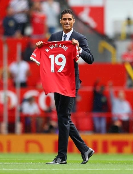 New Manchester United signing Raphael Varane is presented to the crowd ahead of the Premier League match between Manchester United and Leeds United...