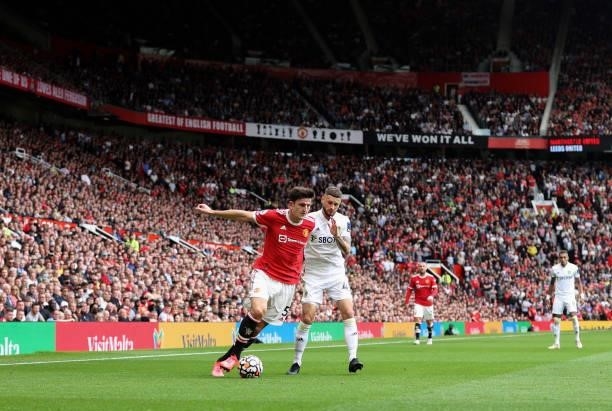 General view as Harry Maguire of Manchester United competes with Mateusz Klich of Leeds United during the Premier League match between Manchester...