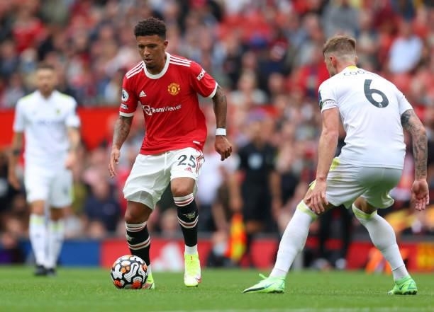 Jadon Sancho of Manchester United during the Premier League match between Manchester United and Leeds United at Old Trafford on August 14, 2021 in...