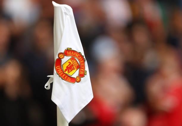 Detailed view of the Manchester United club badge on a corner flag during the Premier League match between Manchester United and Leeds United at Old...