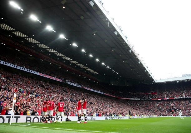 General view inside the stadium as Manchester United celebrate during the Premier League match between Manchester United and Leeds United at Old...