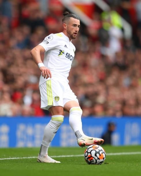 Jack Harrison of Leeds United during the Premier League match between Manchester United and Leeds United at Old Trafford on August 14, 2021 in...