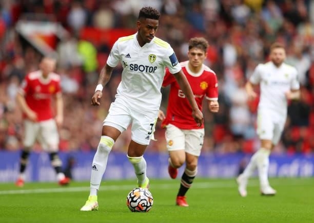 Junior Firpo of Leeds United during the Premier League match between Manchester United and Leeds United at Old Trafford on August 14, 2021 in...