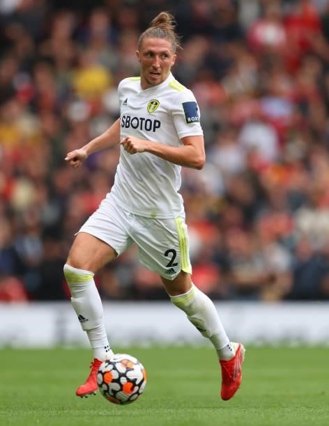 Luke Ayling of Leeds United during the Premier League match between Manchester United and Leeds United at Old Trafford on August 14, 2021 in...