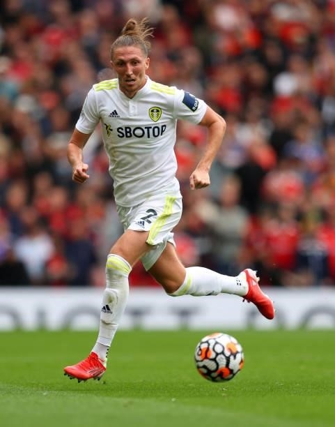 Luke Ayling of Leeds United during the Premier League match between Manchester United and Leeds United at Old Trafford on August 14, 2021 in...
