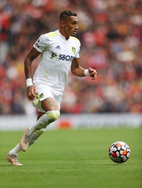 Raphinha of Leeds United during the Premier League match between Manchester United and Leeds United at Old Trafford on August 14, 2021 in Manchester,...