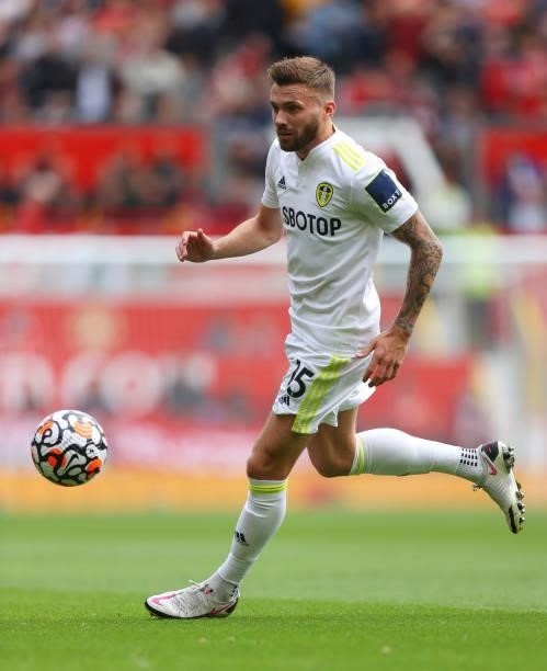 Stuart Dallas of Leeds United during the Premier League match between Manchester United and Leeds United at Old Trafford on August 14, 2021 in...