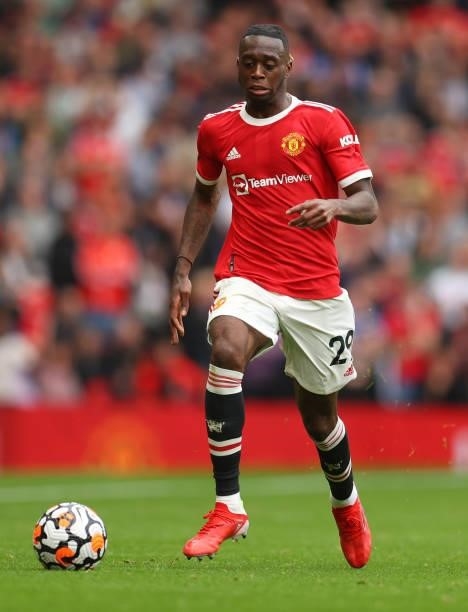 Aaron Wan-Bissaka of Manchester United during the Premier League match between Manchester United and Leeds United at Old Trafford on August 14, 2021...