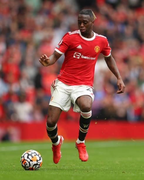 Aaron Wan-Bissaka of Manchester United during the Premier League match between Manchester United and Leeds United at Old Trafford on August 14, 2021...