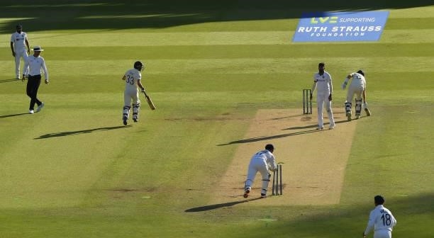 Mark Wood of England is run out by Rishabh Pant of India during the third day of the 2nd LV= Test match between England and India at Lord's Cricket...