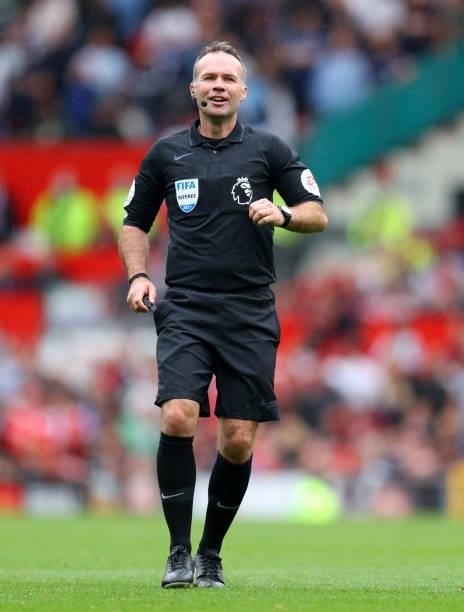 Referee Paul Tierney during the Premier League match between Manchester United and Leeds United at Old Trafford on August 14, 2021 in Manchester,...