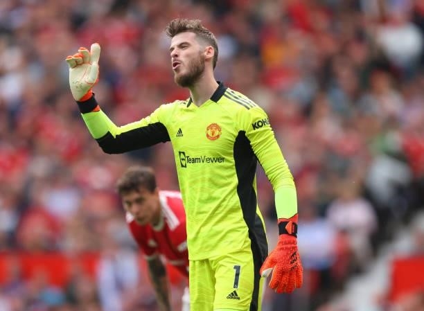 David de Gea of Manchester United during the Premier League match between Manchester United and Leeds United at Old Trafford on August 14, 2021 in...