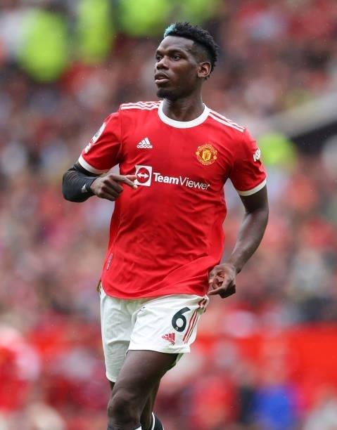 Paul Pogba of Mancheste United during the Premier League match between Manchester United and Leeds United at Old Trafford on August 14, 2021 in...