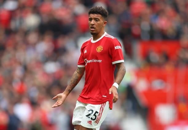 Jadon Sancho of Manchester United during the Premier League match between Manchester United and Leeds United at Old Trafford on August 14, 2021 in...