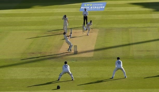 Joe Root of England hits a four over the slips during the third day of the 2nd LV= Test match between England and India at Lord's Cricket Ground on...