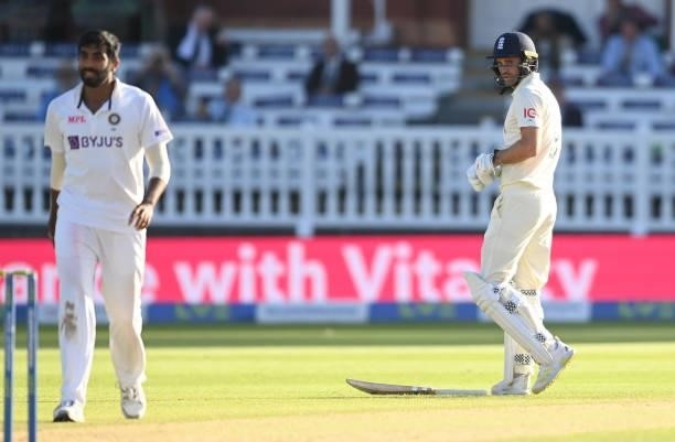 James Anderson of England looks at Jasprit Bumrah of India after being hit during the third day of the 2nd LV= Test match between England and India...