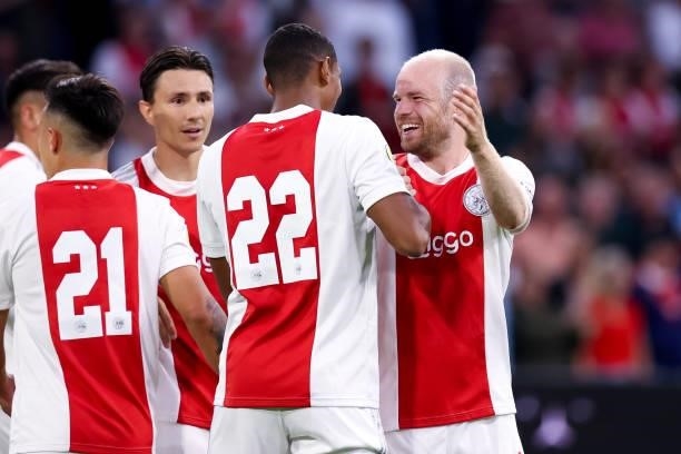 Sebastien Haller of Ajax celebrates after scoring his sides first goal with Davy Klaassen of Ajax during the Dutch Eredivisie match between Ajax and...