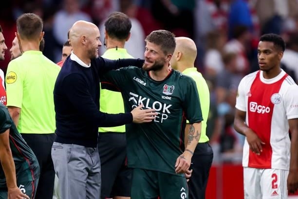 Coach Erik Ten Hag of Ajax and Lasse Schone of N.E.C. During the Dutch Eredivisie match between Ajax and N.E.C. At Johan Cruijff ArenA on August 14,...