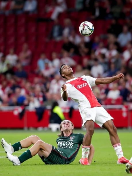 Ali Akman of N.E.C. And Jurrien Timber of Ajax during the Dutch Eredivisie match between Ajax and N.E.C. At Johan Cruijff ArenA on August 14, 2021 in...