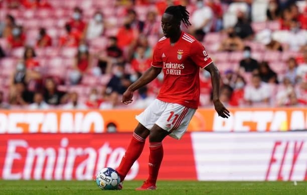 Soualiho Meite of SL Benfica in action during the Liga Bwin match between SL Benfica and FC Arouca at Estadio da Luz on August 14, 2021 in Lisbon,...