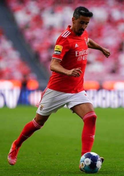 Andre Almeida of SL Benfica in action during the Liga Bwin match between SL Benfica and FC Arouca at Estadio da Luz on August 14, 2021 in Lisbon,...