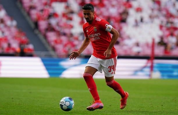 Andre Almeida of SL Benfica in action during the Liga Bwin match between SL Benfica and FC Arouca at Estadio da Luz on August 14, 2021 in Lisbon,...