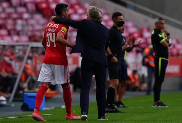 Jorge Jesus of SL Benfica with Andre Almeida of SL Benfica during the Liga Bwin match between SL Benfica and FC Arouca at Estadio da Luz on August...
