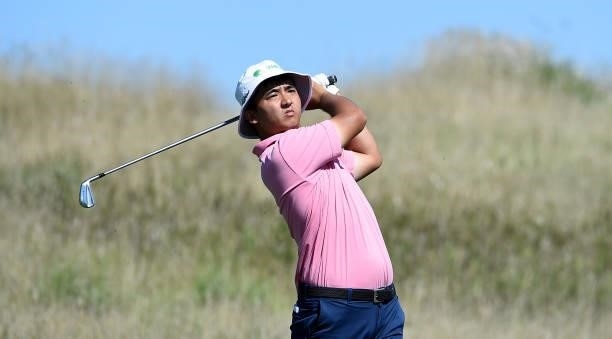 Zecheng Dou of China hits his tee shot on the eighth hole during the third round of the Pinnacle Bank Championship on August 14, 2021 in Omaha,...