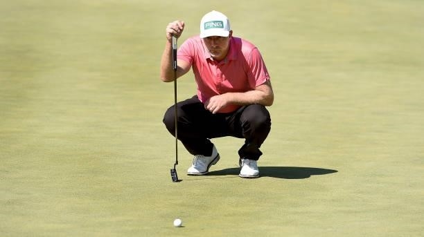 David Skinns of England lines up his putt on the seventh green during the third round of the Pinnacle Bank Championship on August 14, 2021 in Omaha,...