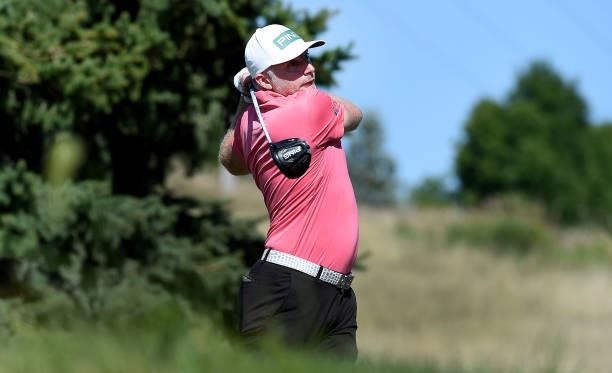 David Skinns of England hits his tee shot on the ninth hole during the third round of the Pinnacle Bank Championship on August 14, 2021 in Omaha,...