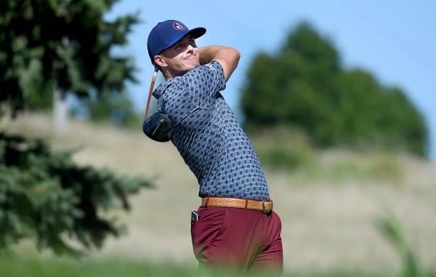 Blayne Barber hits his tee shot on the ninth hole during the third round of the Pinnacle Bank Championship on August 14, 2021 in Omaha, Nebraska.