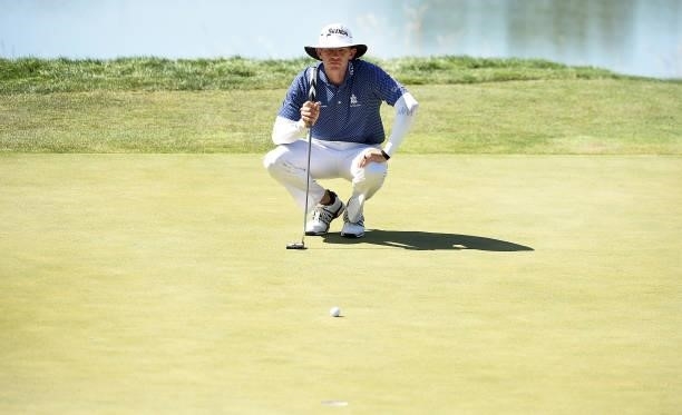 Jared Wolfe lines up his putt on the seventh hole during the third round of the Pinnacle Bank Championship on August 14, 2021 in Omaha, Nebraska.
