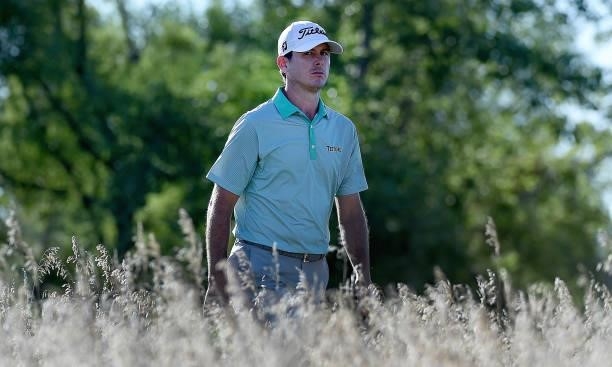 Wade Binfield walks up to the tee box on the 18th hole during the third round of the Pinnacle Bank Championship on August 14, 2021 in Omaha, Nebraska.