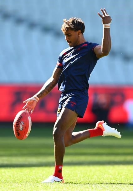Kysaiah Pickett of the Demons warms up during the round 22 AFL match between Melbourne Demons and Adelaide Crows at Melbourne Cricket Ground on...