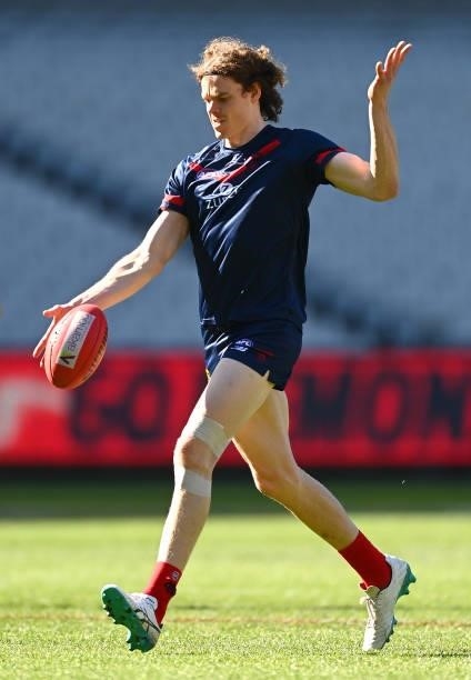 Ben Brown of the Demons warms up during the round 22 AFL match between Melbourne Demons and Adelaide Crows at Melbourne Cricket Ground on August 15,...