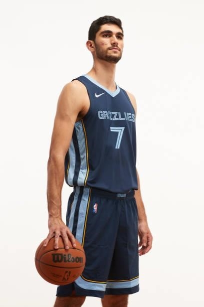 Santi Aldama of the Memphis Grisslies poses for a portrait during the 2021 NBA rookie photo shoot on August 14, 2021 in Las Vegas, Nevada.