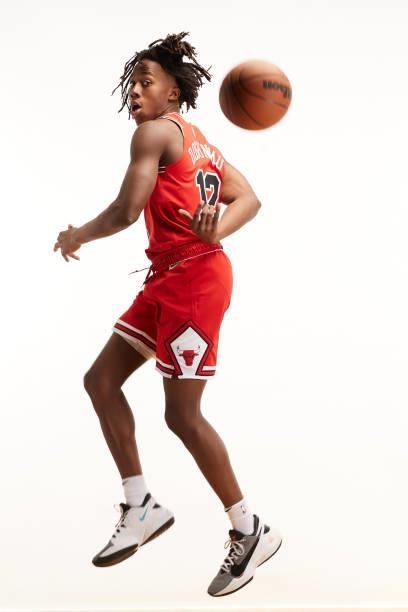 Ayo Dosunmu of the Chicago Bulls poses for a portrait during the 2021 NBA rookie photo shoot on August 14, 2021 in Las Vegas, Nevada.