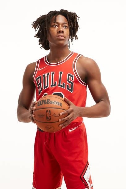 Ayo Dosunmu of the Chicago Bulls poses for a portrait during the 2021 NBA rookie photo shoot on August 14, 2021 in Las Vegas, Nevada.