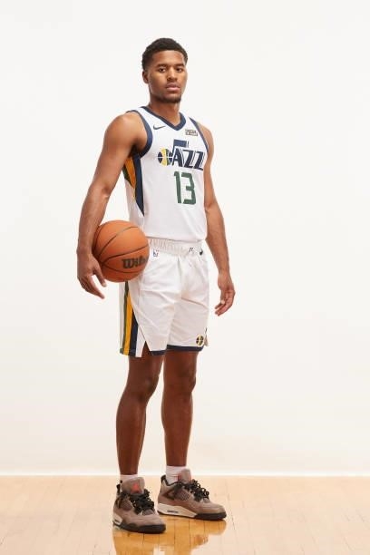 Jared Butler of the Utah Jazz poses for a portrait during the 2021 NBA rookie photo shoot on August 14, 2021 in Las Vegas, Nevada.