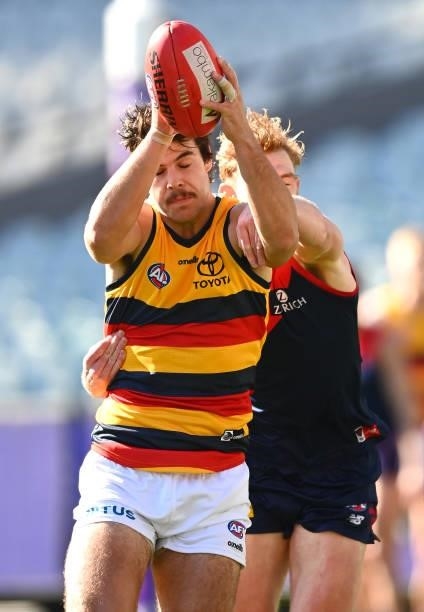 Darcy Fogarty of the Crows marks during the round 22 AFL match between Melbourne Demons and Adelaide Crows at Melbourne Cricket Ground on August 15,...