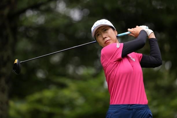 Ji-hee Lee of South Korea hits her tee shot on the 11th hole during the final round of the NEC Karuizawa 72 Golf Tournament at Karuizawa 72 Golf Kita...