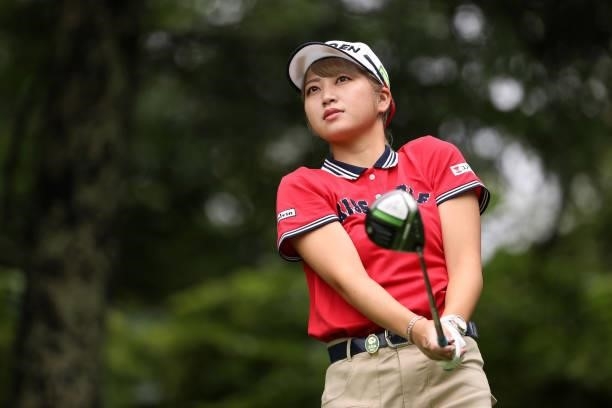 Hikari Tanabe of Japan hits her tee shot on the 11th hole during the final round of the NEC Karuizawa 72 Golf Tournament at Karuizawa 72 Golf Kita...