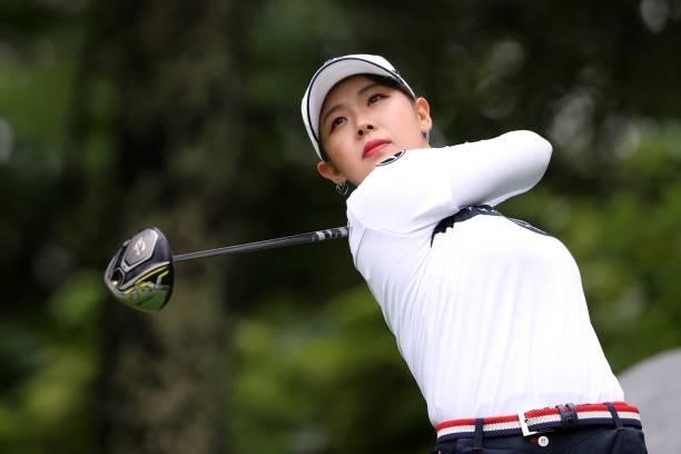 Yuri Yoshida of Japan hits her tee shot on the 11th hole during the final round of the NEC Karuizawa 72 Golf Tournament at Karuizawa 72 Golf Kita...