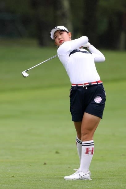 Yuri Yoshida of Japan hits her second shot on the 11th hole during the final round of the NEC Karuizawa 72 Golf Tournament at Karuizawa 72 Golf Kita...