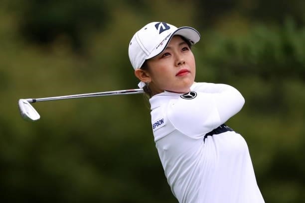Yuri Yoshida of Japan hits her tee shot on the 12th hole during the final round of the NEC Karuizawa 72 Golf Tournament at Karuizawa 72 Golf Kita...