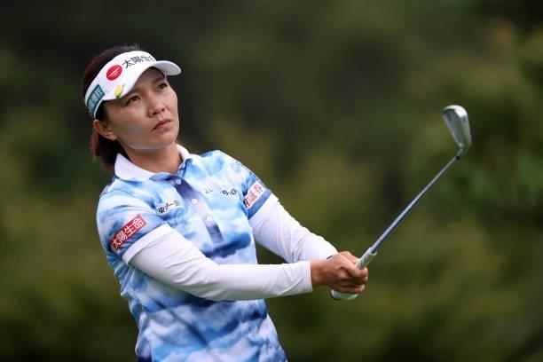 Teresa Lu of Chinese Taipei hits her tee shot on the 12th hole during the final round of the NEC Karuizawa 72 Golf Tournament at Karuizawa 72 Golf...