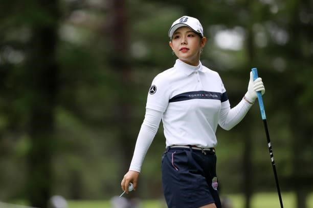 Yuri Yoshida of Japan is seen before her tee shot on the 13th hole during the final round of the NEC Karuizawa 72 Golf Tournament at Karuizawa 72...